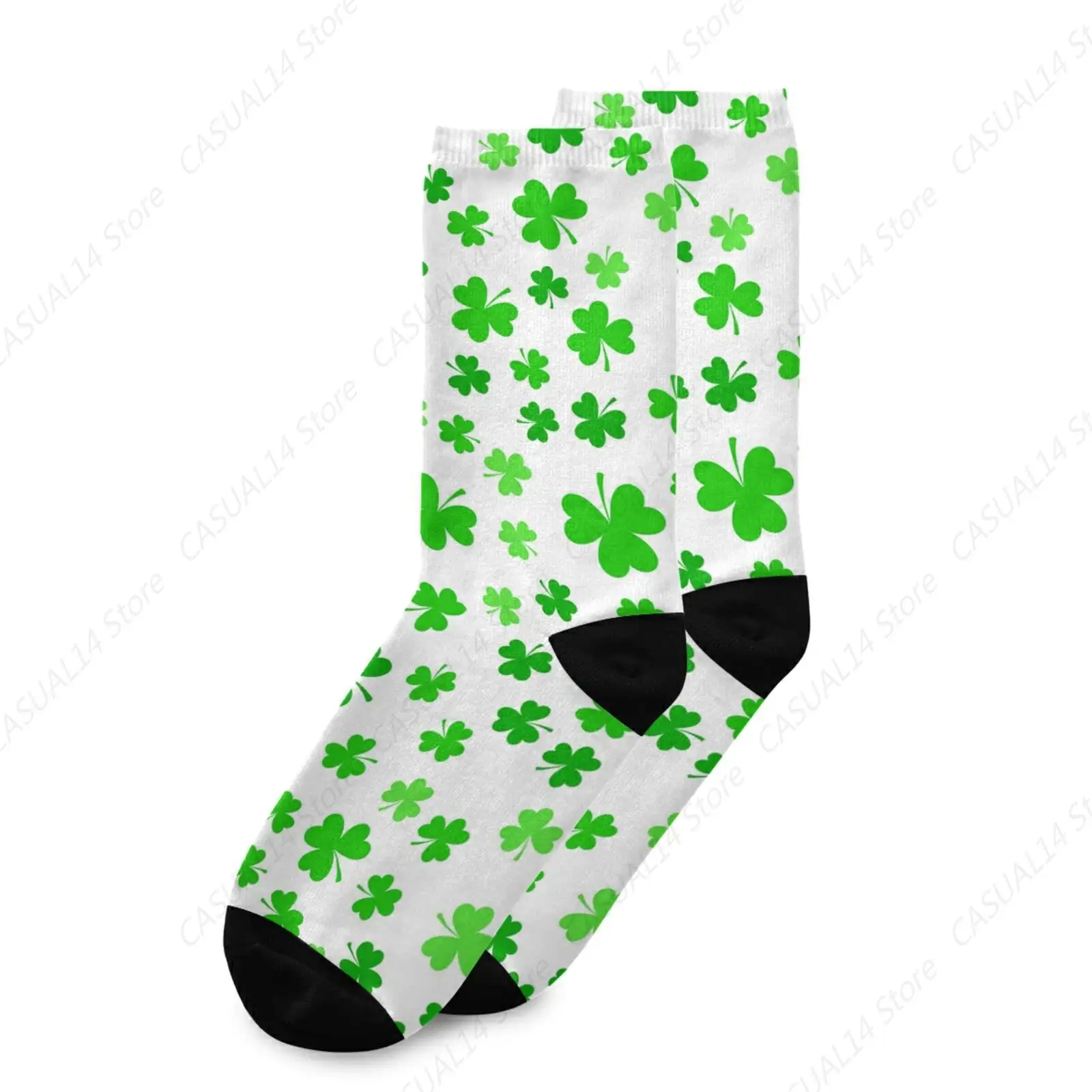 St's Patrick's Irish Shamrock Green Clover Leaves On White Casual Compression Crew Knee High Sock Athletic Soft Socks