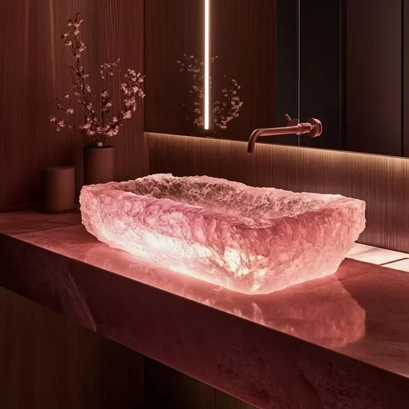 Transparent Resin Column Wash Basin Luminous Platinum Finish High End Bathroom Pedestal Sink Modern Design