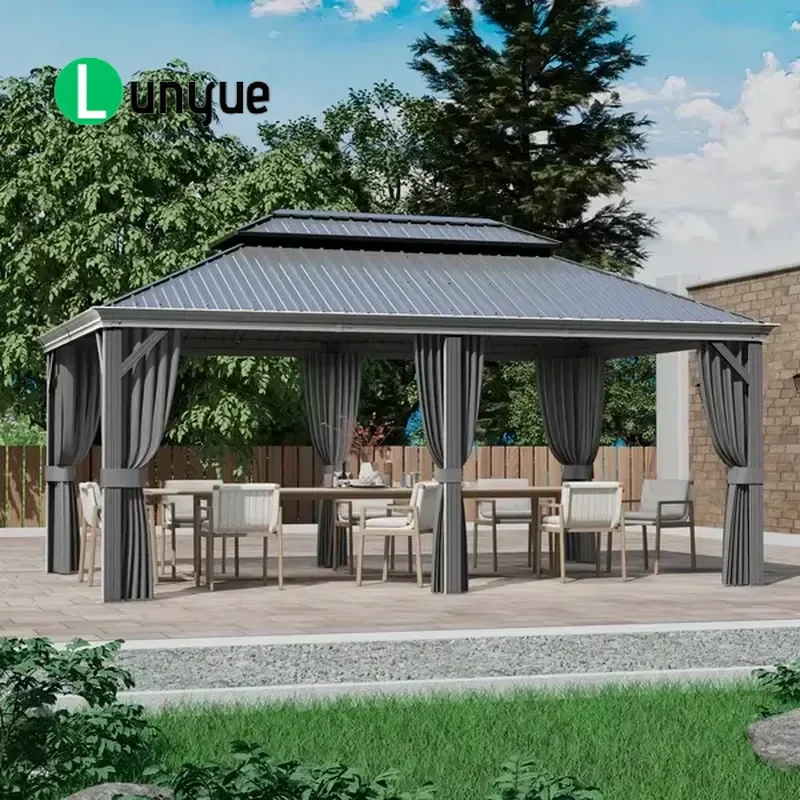 12x20ft Double Deck Hard Top Gazebo Metal Roof Large Outdoor Canopy for Garden Terrace Backyard Elegant Patio Shelter