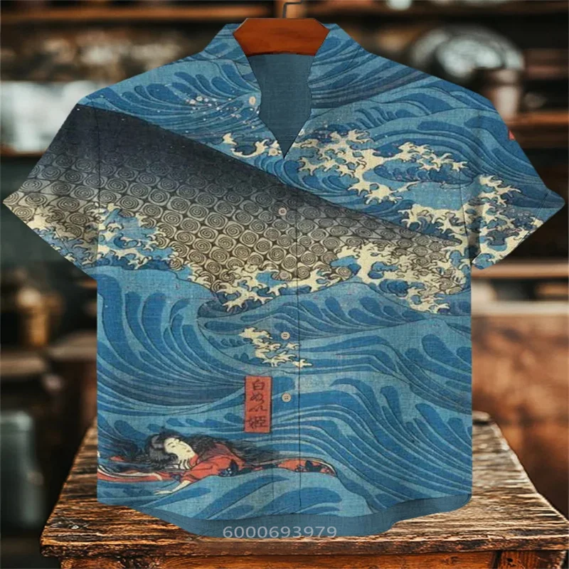 

Men's Japanese retro art print short-sleeved stand-collar shirt, casual and stylish, plus sizes available, fast shipping.