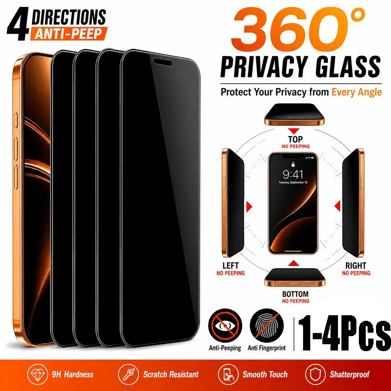 1-4 Stück 360-Grad-Sichtschutzfolie für iPhone 18 Pro Max Duo 17 16 15 14 13 Pro Max 16 Plus, gehärtete Glasfolie