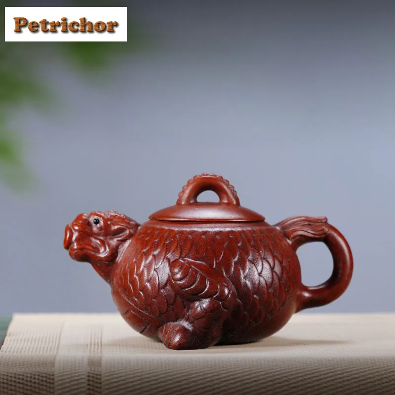 

375ml Retro Yixing Purple Clay Teapots Master Handmade Auspicious Beast Pot Raw Ore Red Mud Kettle Zisha Tea Set Craft Supplies