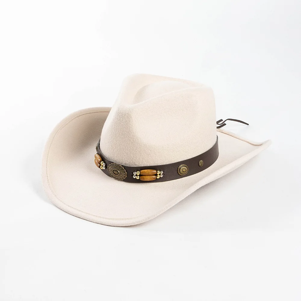 Hot-Selling Denim Style Rivet Wooden Bead Belt Decorated Wool Felt Hat Outdoor Travel Warm Hat Trendy