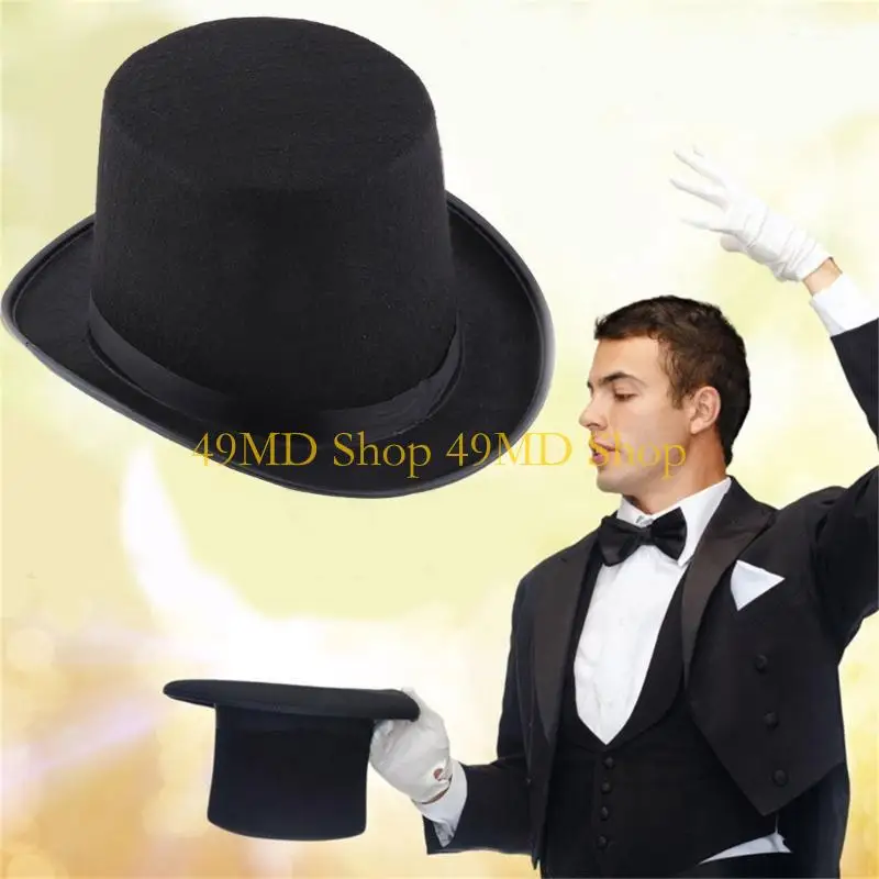 49MD Fashion Black Top Hat Magician Cap for Magician Costume Flat Hat Adult Teens