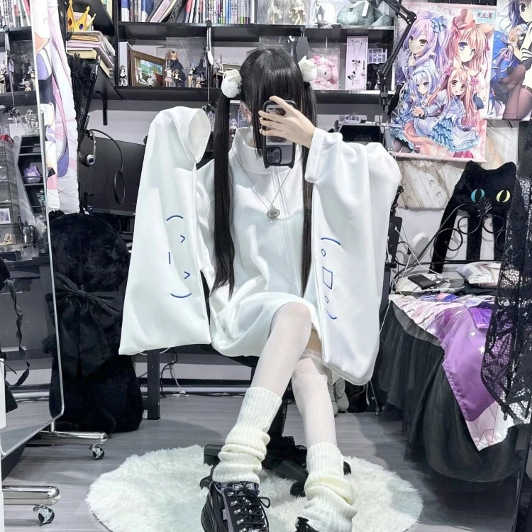 Harajuku Stand Collar Zipper Sweatshirts Coat All-match Mid-length Long Sleeve Loose Cardigan+ White Leg Warmer Two Piece Sets