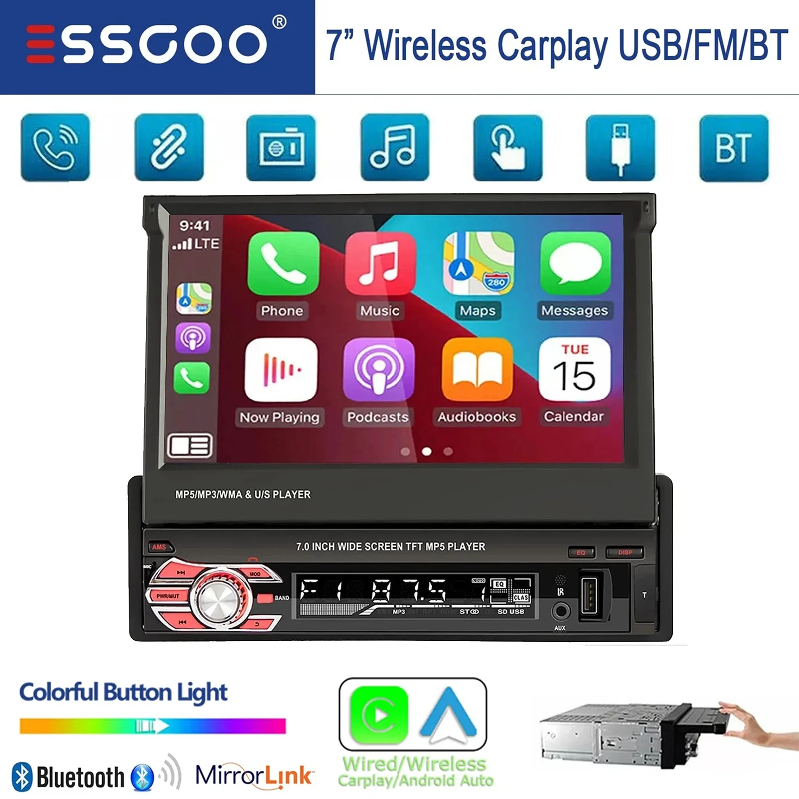 ESSGOO Single DIN 7 Zoll CarPlay Android Auto Universal Auto Stereo Radio Flip Out HD Touchscreen FM AM BT USB AUX Mirror Link SWC