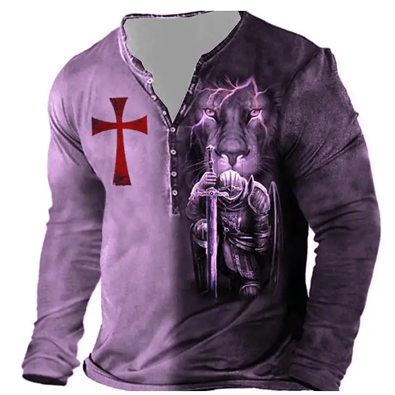 Vintage Men\'s Cotton T-Shirts Knights Templar Print 3D T Shirts Summer Oversized Tops Long Sleeve Tee Casual Button-Down Clothes