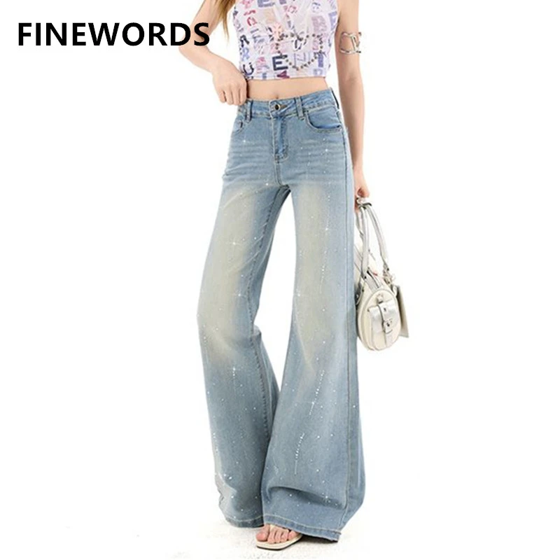 

FINEWORDS Women's High Waisted Flare Jeans Vintage Washed Bell Bottom Denim Pants with Rhinestone Detail Streetwear Blue Jeans