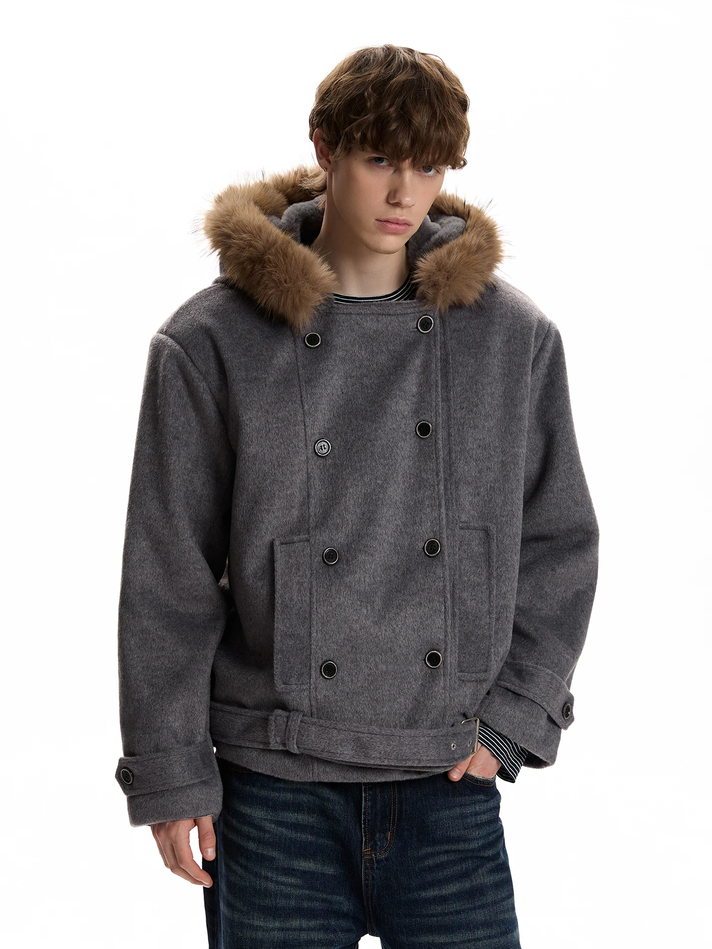 

a PUEE Retro Faux Fur Collar Hooded Double Breasted Woolen Cotton Jaet Warmth Enhanced Inner Fce Mount Tai Eagle Sle Coat