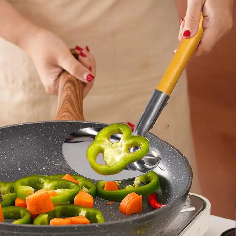 Country Home Wood Handle Stainless Steel Round Mouth Original Spatula Non-Stick Tujia Wooden Group Ethnic Handle Wok E0X4