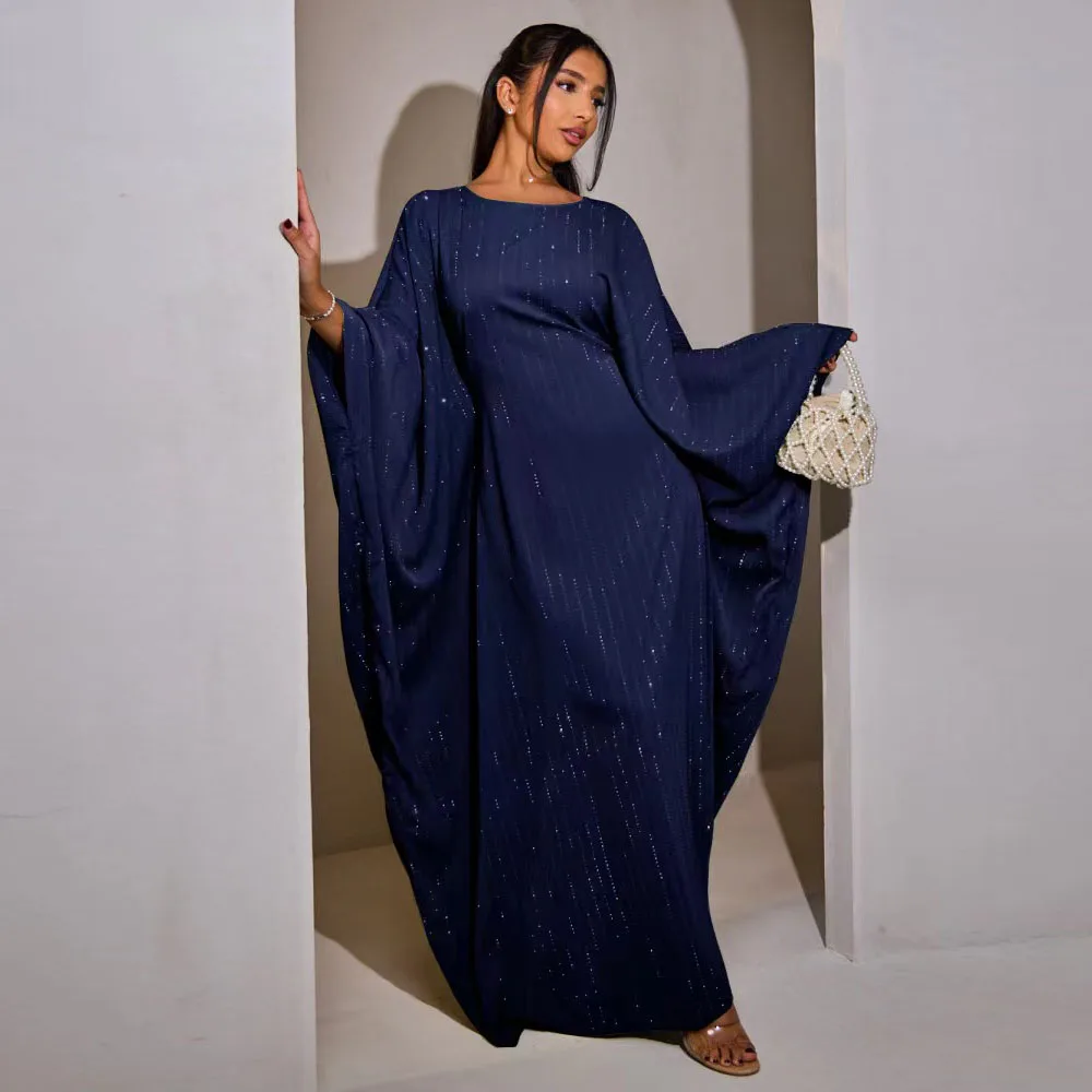 Islamic Butterfly Kaftan Abaya Muslimah Dress Rhinestones Stripe Extra-Loose-Fit Batwing Sleeves Muslim Robe Dubai Islam Clothes