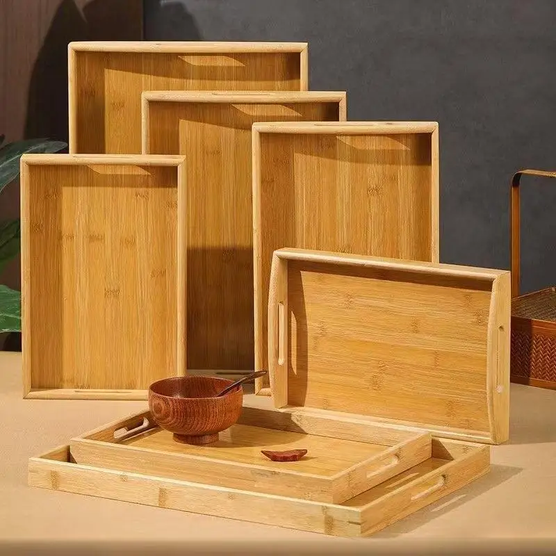 Japanisches Serviertablett aus Bambus mit Griffen, rechteckiges Serviertablett, Tee- und Frühstückstablett, Mehrzweck-Palette, Massivholztablett – Detail 2