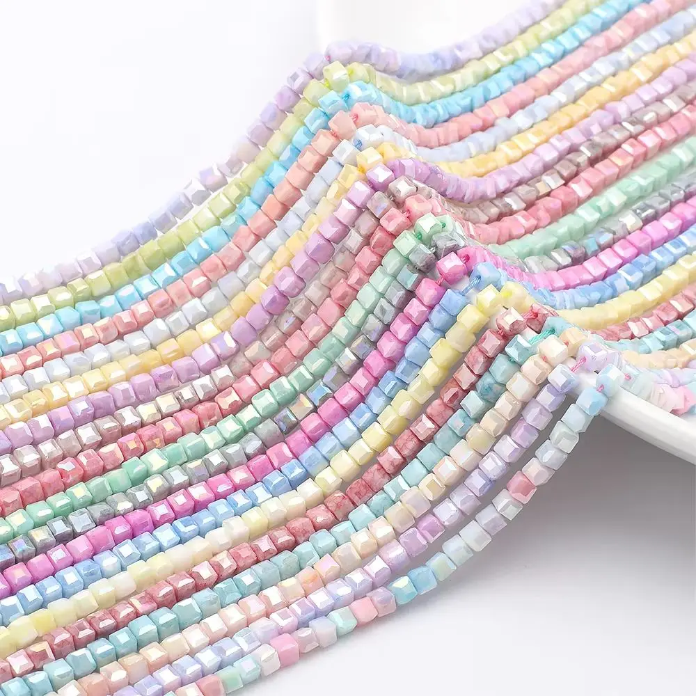 4mm Water Stained Ice Cracks Faceted Crystal Glass Beads Macaron Color Cube Charm Square Glass Beads For DIY Making Jewelry