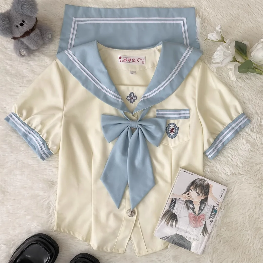 日本韓国学校制服ガール JK 制服セーラースーツブルーセーラー服ブラウス夏プリーツスカートアニメ COS 衣装女性