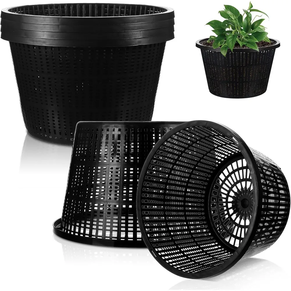 T34C 6 Pcs Hydroponic Baskets Aquatic Black Plastic Garden Mesh Net Pot Hydroponic Pots Slotted Pond Basket for Planting