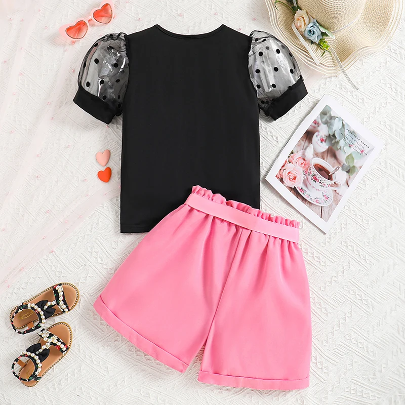 Girls Sets Black Short-Sleeved Doodle Puffy Sleeve Top & Pink Shorts Fashionable Children 2PCS  8-12 Years Kids Causal Outfits