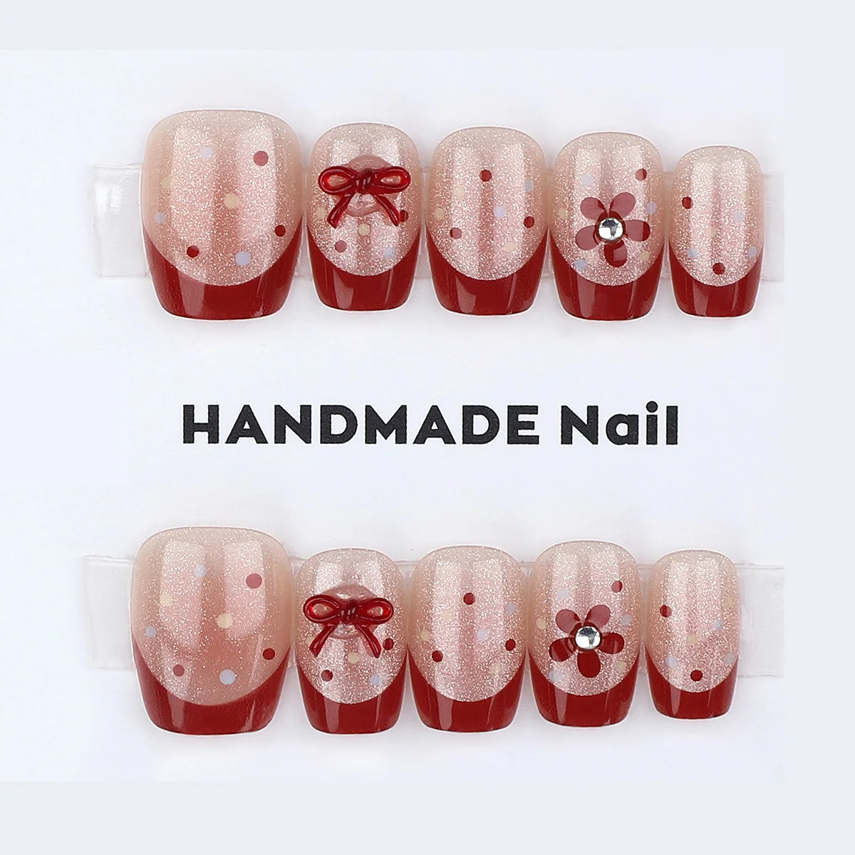 

10pcs French bow Handmade Press on Nails Polka Dot Floral Flashy Cat Eye Fake Nail Short Ladder Full Coverage Nail For Women