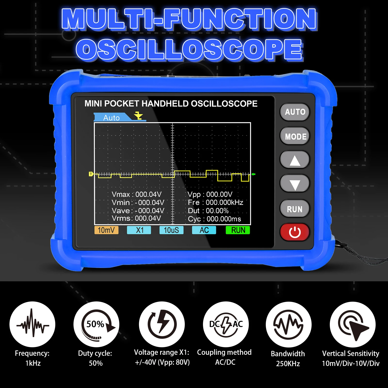 Handheld Portable Digital Oscilloscope 250kHz 2.5MS/s with Auto-Setup 2.8' LCD ±40V 3H Battery for Repair And Education
