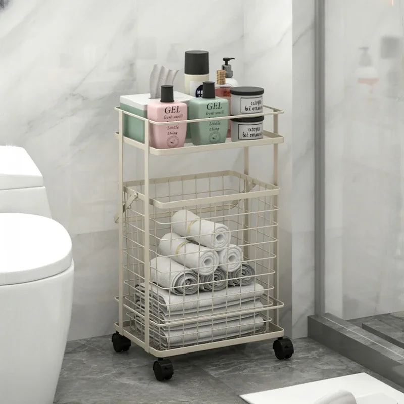 Japanese-Inspired Simple Storage Shelves Multi-Layer Mobile Clothes Basket Split Design Hollow-Out Shower Shelf