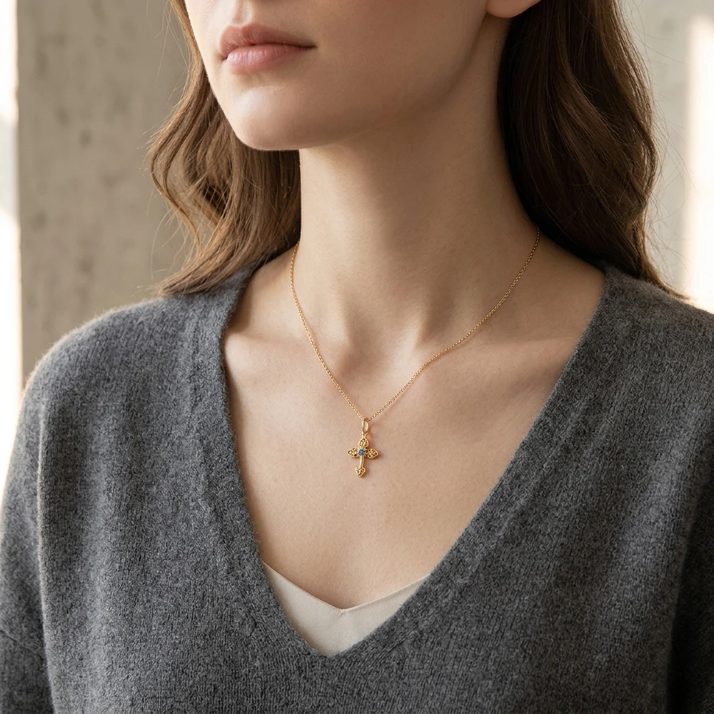 LAMOON Cross Luxury Pendant Necklace Natrual Sapphire For Women 925 Sterling Silver Gold Plated Fine Vintage Jewelry Trendy