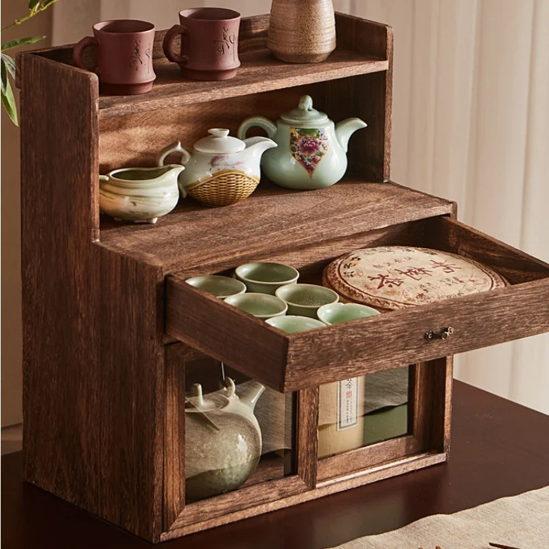 Antique Solid Wood Storage Rack, Semi-Open Drawer with Sliding Door, Multifunctional Tea Set Organizer, Vintage Style