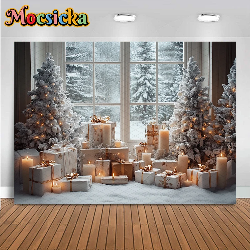 Mocsicka Christmas Tree Background For Photography Window Pine Winter White Snow Kids Photo Backdrop Decoration Studio Photocall