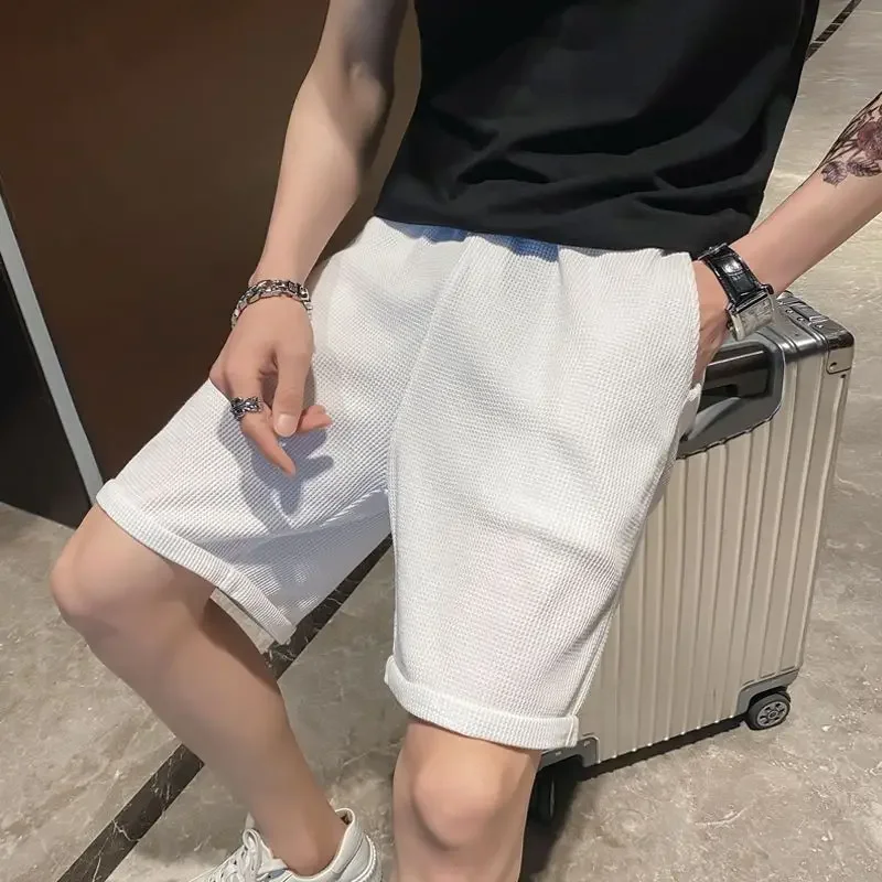 Men\'s Shorts Waffle Male Short Pants Sports Black Stripe with Pockets Elastic New in Pant 2024 Fashion Designer Small Size Bulk