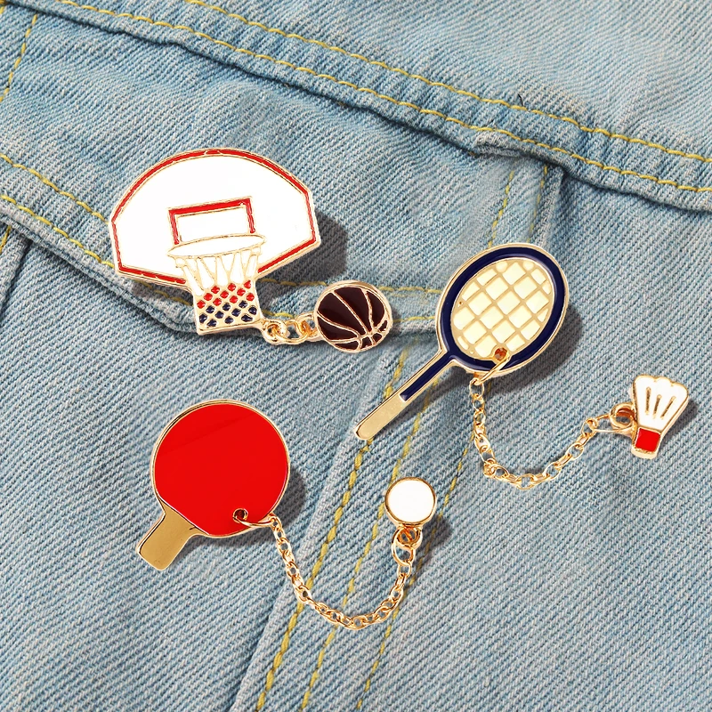 Pinsg Pong Metalen Ketting Badge Tas Denim Revers Sieraden Voor Dames Kinderen Schattige Sport Emaille Dennen Pinnen Basketbal Hoepel Badminton