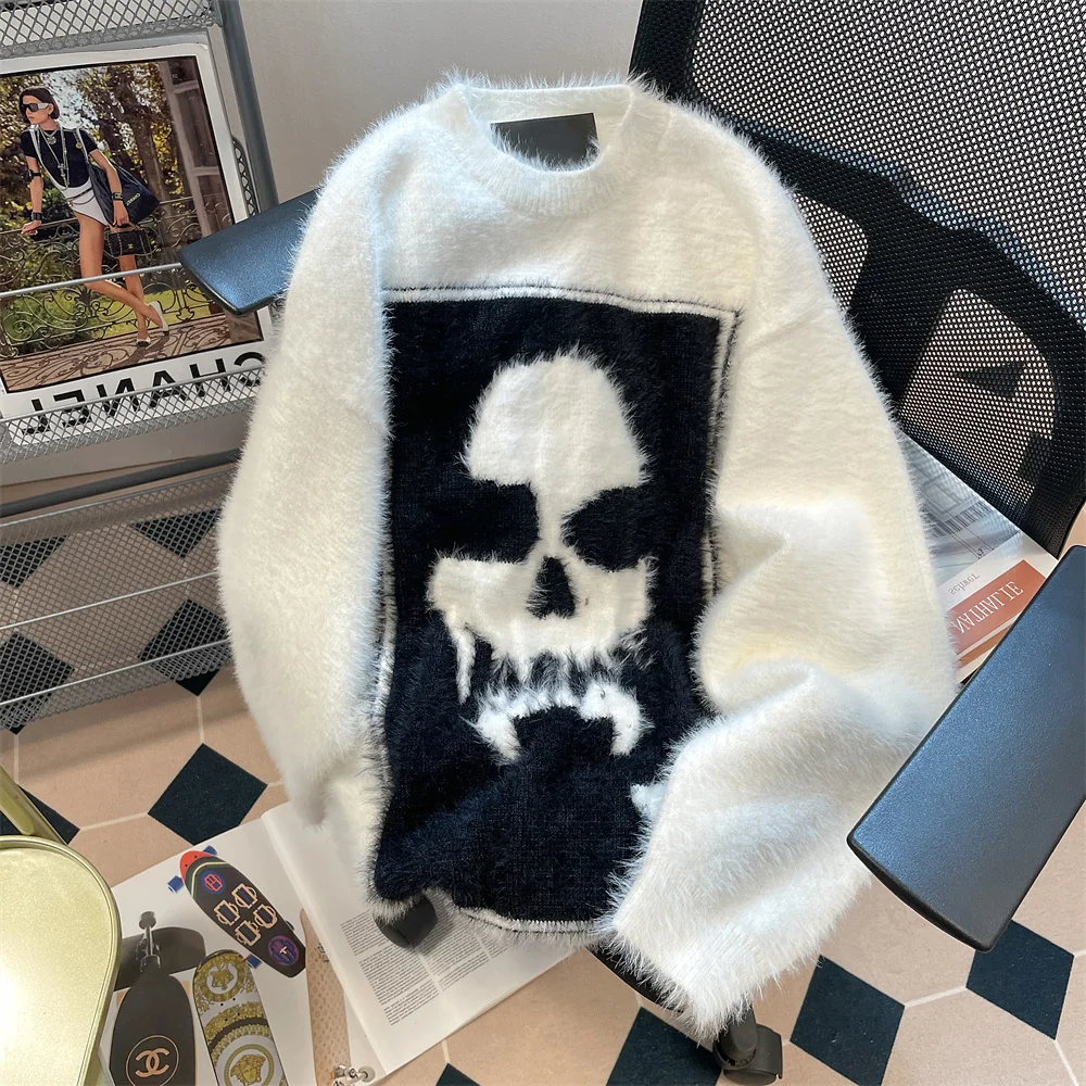 

American Sle Thiened Knitted Sweater Men's Autumn Winter round Ne Loose Casual High-ade Mink Velvet Skull Head Sweater