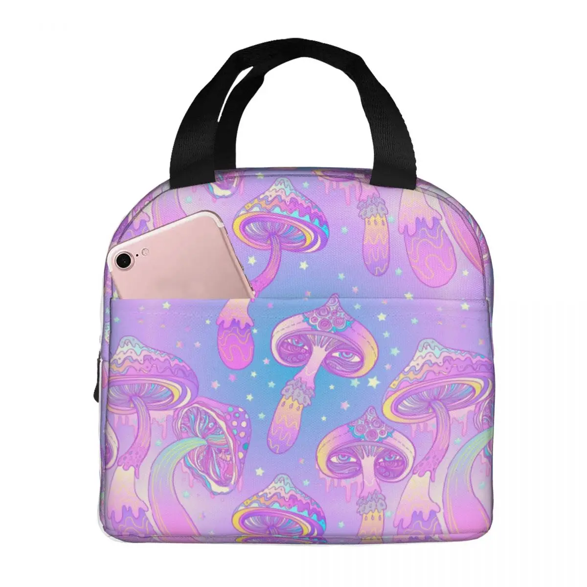 Magic Mushroom Trippy Psychedelic Neon Pastel Goth Insulated Lunch Bag for Women Resuable Thermal Cooler Lunch Box office School