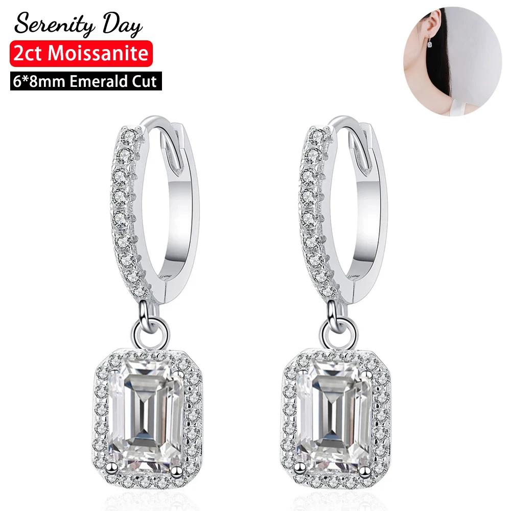 Serenity Day 2ct D Color 6*8mm Emerald Cutting Moissanite Hoop Earrings For Women S925 Silver Stud Ear Plated 18K Fine Jewelry