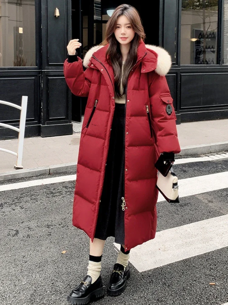 Chaqueta de plumón con cuello de piel de zorro grande Extra gruesa para mujer, ropa cálida y fría extrema de invierno, abrigo acolchado de pato blanco largo holgado de talla grande