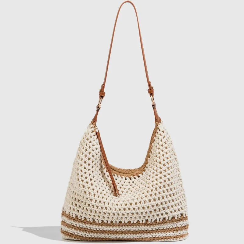 

Women's Cream and Brown Crochet Hobo Bag with Leather Strap Large Capacity Woven Shoulder Purse with Metal Hardware Boho