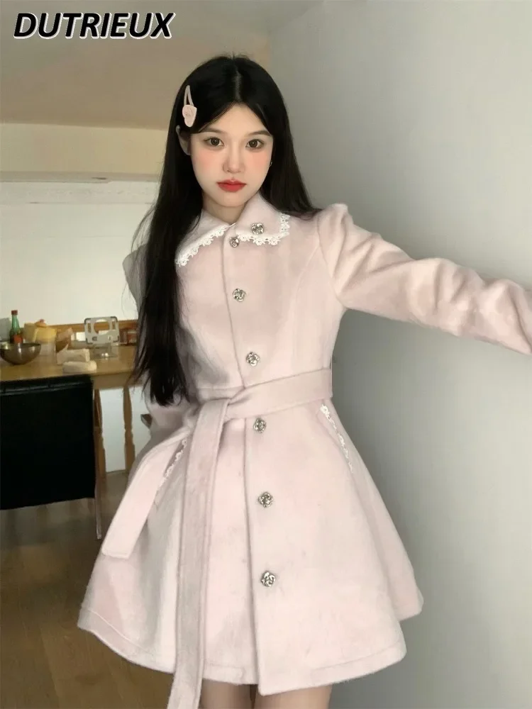 Sweet Girls Pink Doll Collar Woolen Coat Women's Autumn Winter Versatile Thickened Straps Waist Medium and Long Wool Jacket