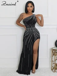 Znaiml Luxury Evening Party Dresses for Women One Shoulder Sleeveless Rhinestone High Split Irregular Black Vestidos Birthday