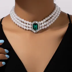 Vintage Triple Layered Pearl Choker Necklace Green Crystal Pearl Necklace Women Elegant Clavicle Chain Banquet Jewelry Gift