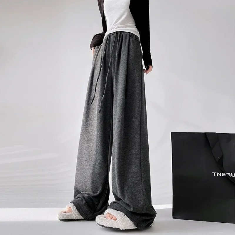 Light Luxury Warm Elastic Wide Leg Pants Spring and Autumn Women's Fashion Loose Fit High Waist Slim Legs Casual StraightPants