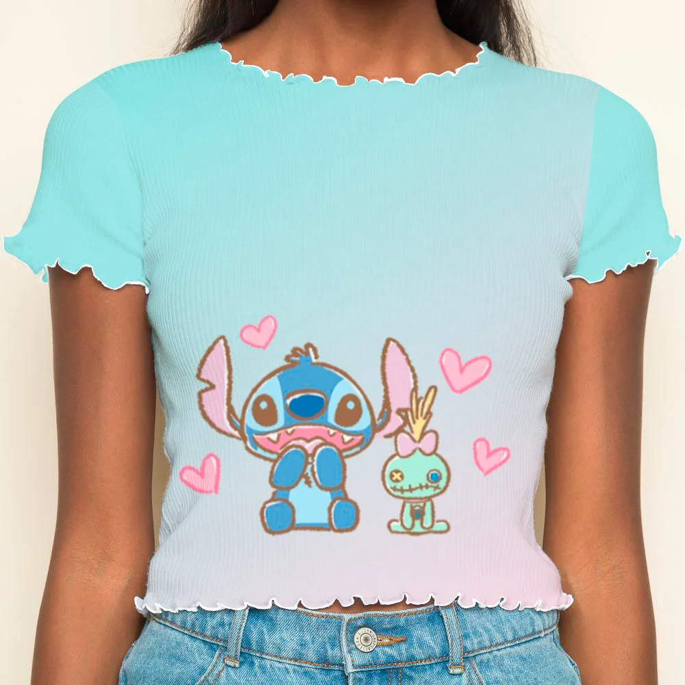 Crop Tops Sexys Woman Clothing Summer Clothes Women 2024 Stitch Disney Short Sleeve Lettuce Trim T-shirt Y2k T-shirts Top Disney