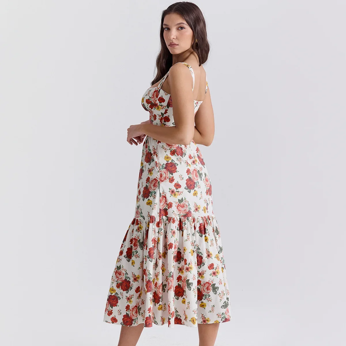 Mingmingxi Summer Elegant Holiday Dress 2024 Causal Ruffle Hems Fit and Flare Dress with Pocket Mid Length Floral Print Dress