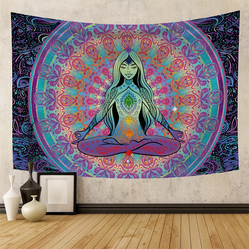 Psychedelic Meditation Seven Chakra Tapestry Wall Hanging Mandala Bohemian Hippie Witchcraft Divination Decor Blanket Background