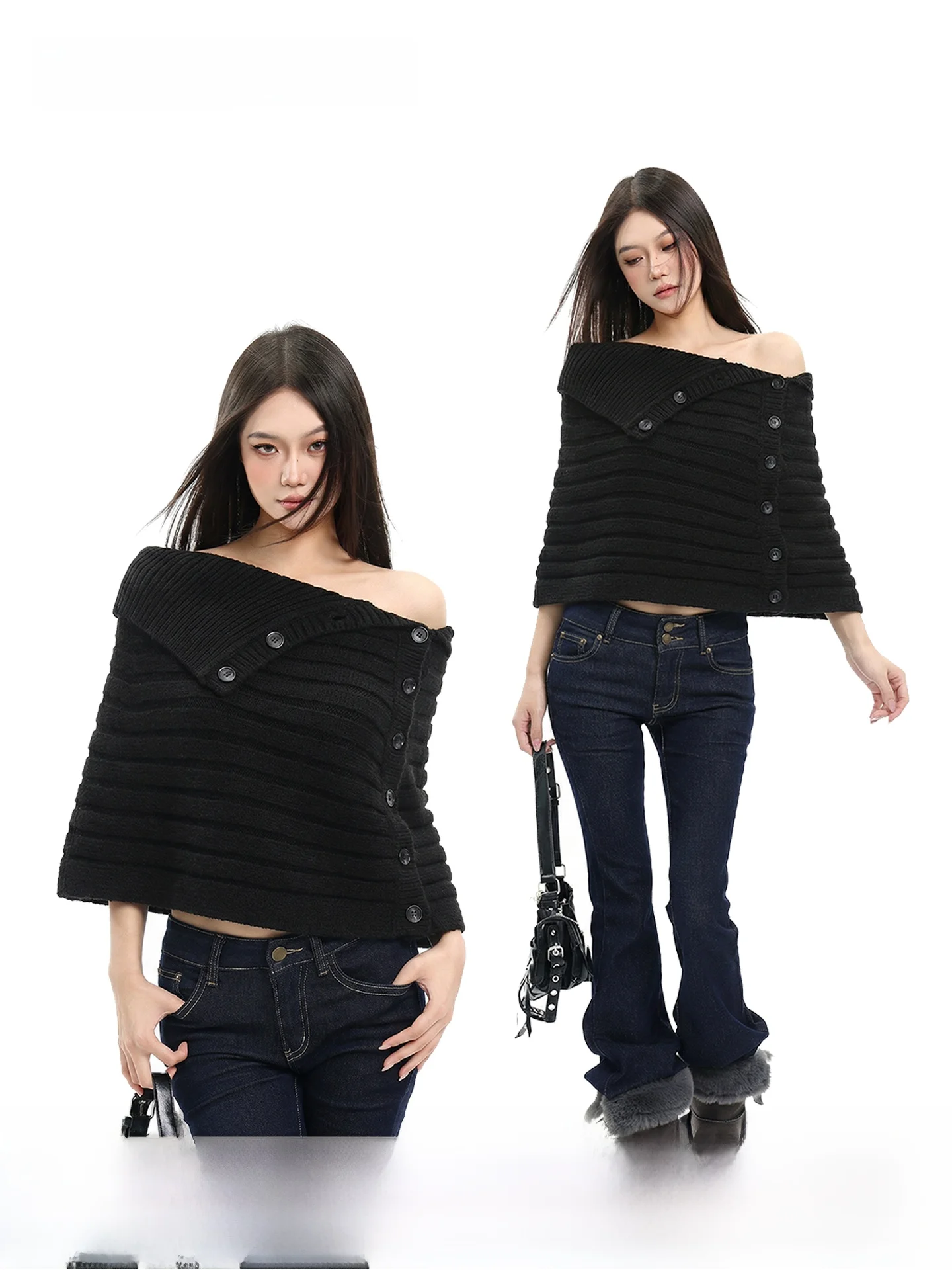 

Асимметричный вязаный свитер с открытым плечом для женщин, свободный крой, короткий рукав, черный цвет, весенний сезон, приятный к телу, дышащий.