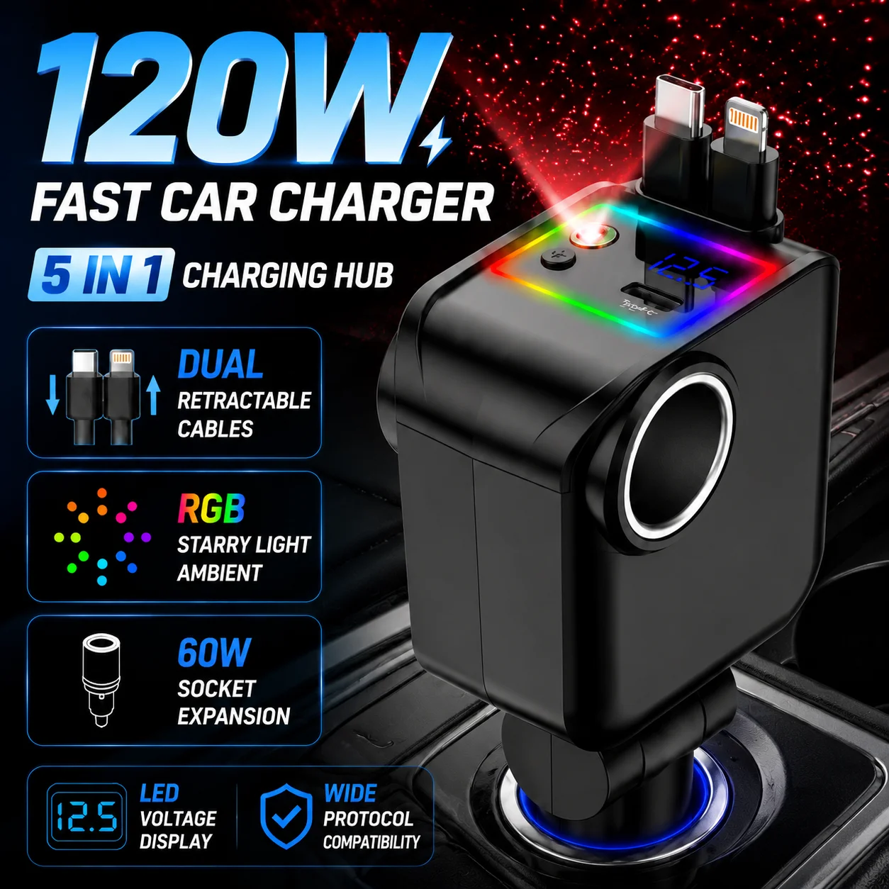 120W Car Charger Hub 5 in 1 Fast Charging Dual Retractable Cable USB C Lightning RGB Starry Light Socket Expander LED Display