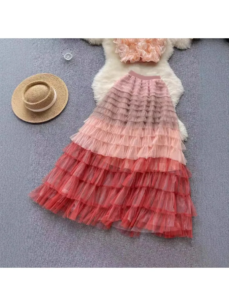 Gradual change color mesh cake skirt skirt cake skirt tutu skirt popular gauze skirt medium and long skirt