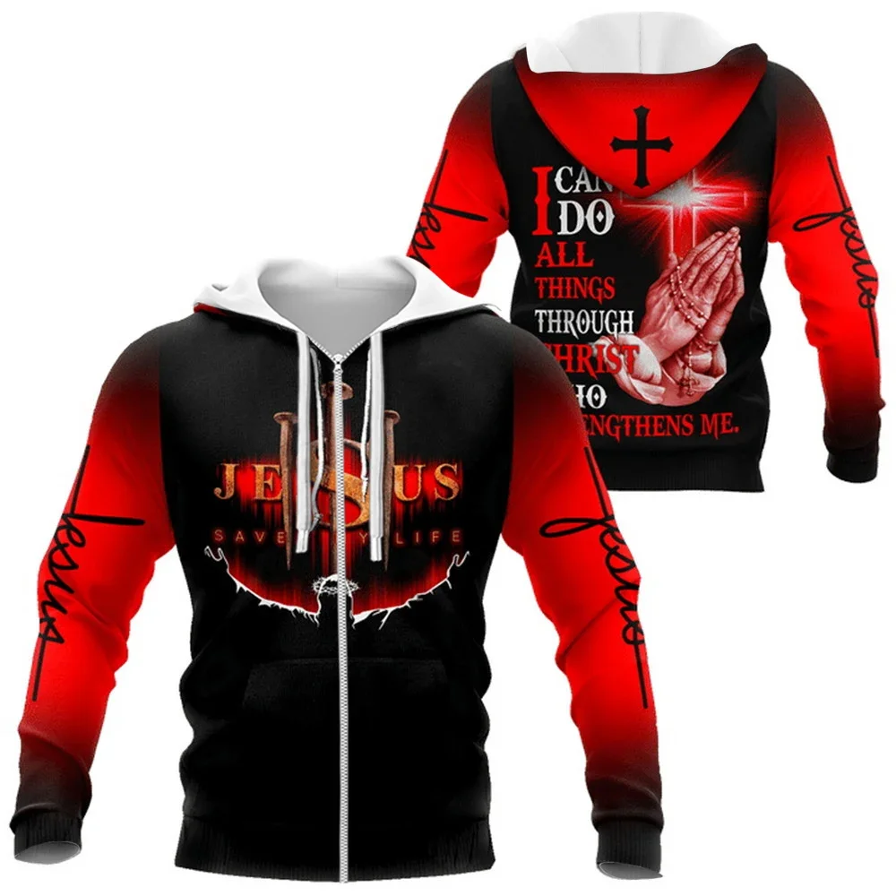 HX Men Zip Hoodies I Believe In God Jesus All Over Printed Hoodie DIY Name 3D Graphic Sweatshirt Casual Sportswear