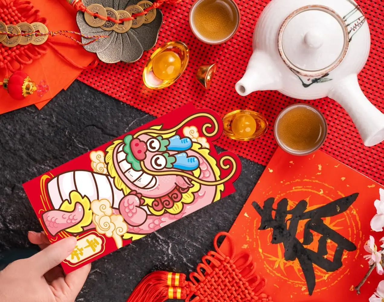Envelopes vermelhos chineses com dragão dos desenhos animados, bolsos de dinheiro sortudo, hong bao, ano novo, 36 peças, 2024