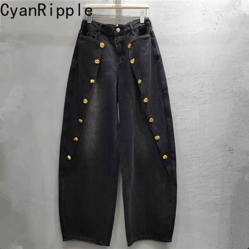 Black Gray Loose Female Denim Trousers 2026 New Autumn Vintage Golden Buckle All-match Elastic Waist Casual Wide Leg Women Jeans