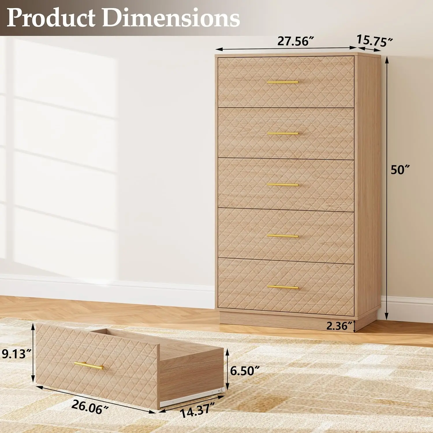 Tall Dresser with 5 Drawers, Modern Wooden Chest of Drawers with Diamond Panel, Anti-Tipping Device, Sturdy, Customized