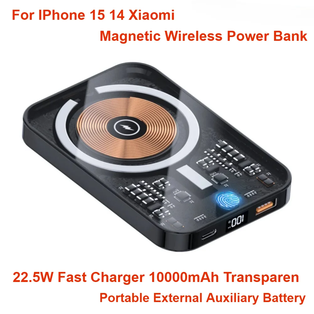 For IPhone 15 14 Xiaomi Portable External Auxiliary Battery 22.5W Fast Charger 10000mAh Transparent Magnetic Wireless Power Bank