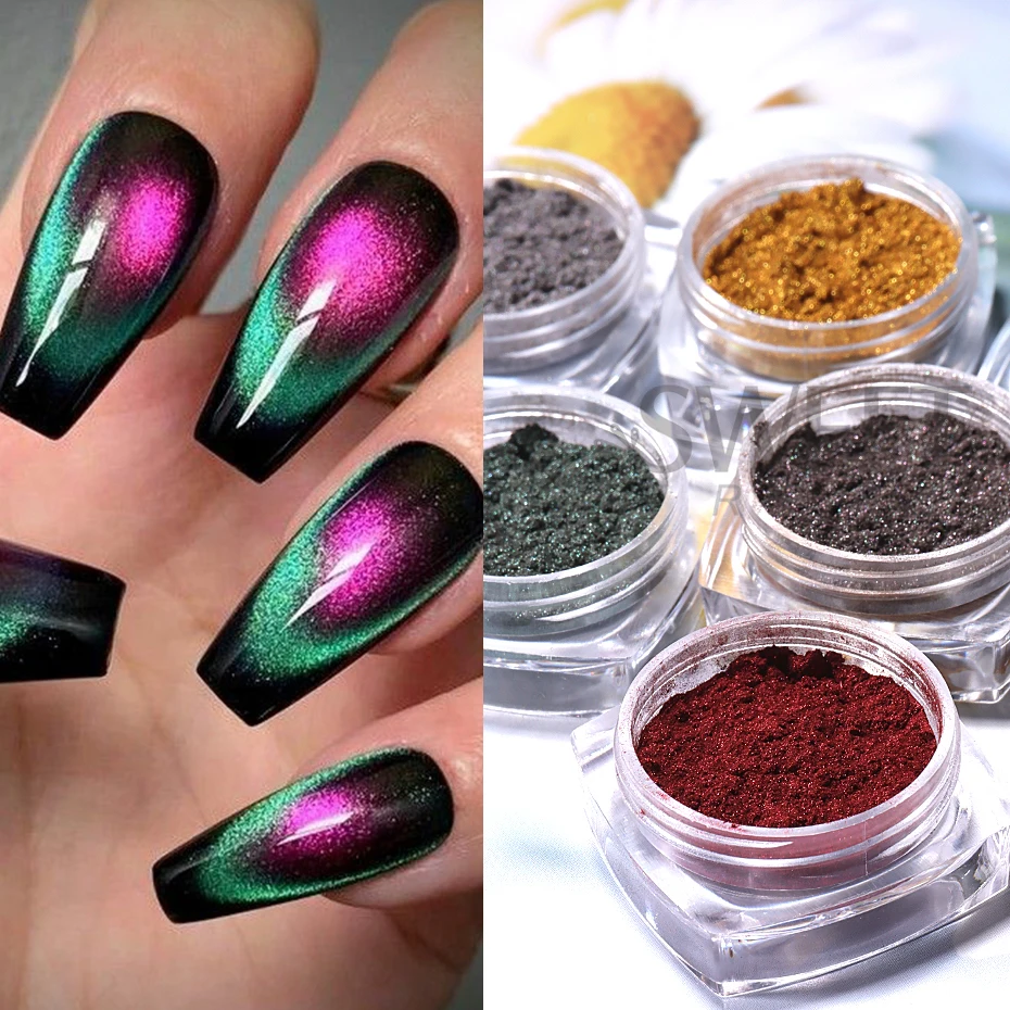 6 Kolorów Efekt Kociego Oka Chromowany Magnetyczny Puder do Paznokci Perłowy Pigment Wróżkowy Efekt Odblaskowy Pyłek do Wcierania DIY Ozdoba do Manicure Efekt Błyskawiczny