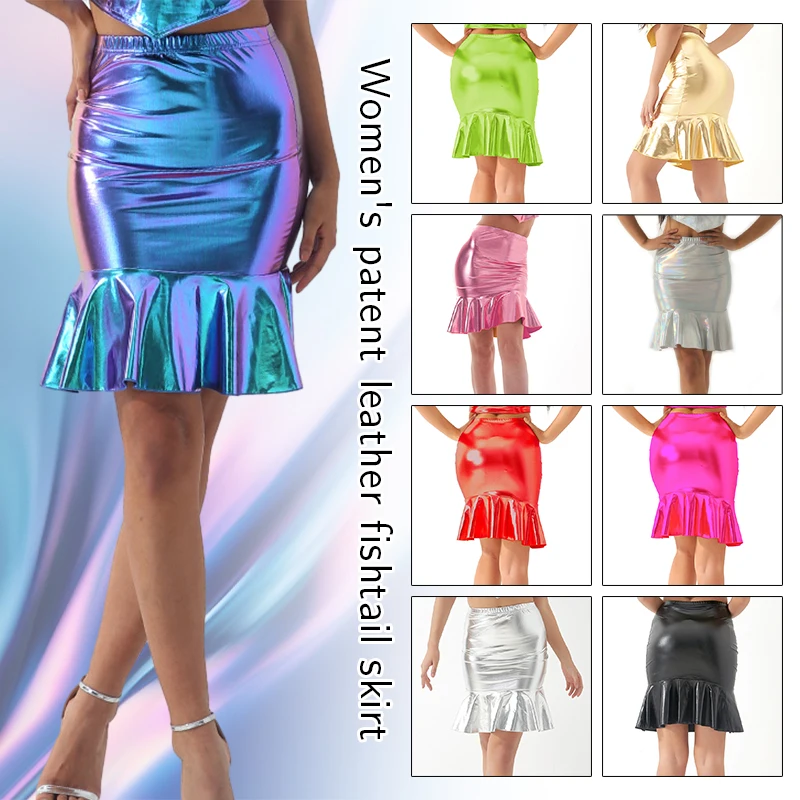 

Women Pencil Skirts Clubwear Shiny Metallic Glossy Patent Leather Ruffled Hem Fishtail Skirt Cocktail Raves Party Carnival Skirt